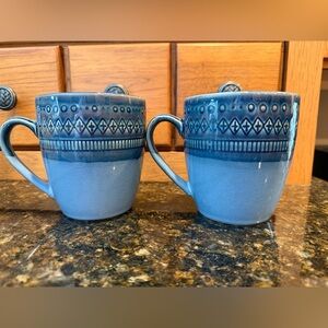 Set of 2 Threshold Kingsland Blue Patterned Stoneware Mugs coffee cups